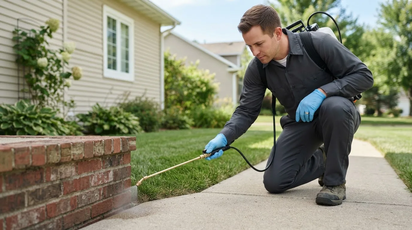 Pest control technician treating a home near Gill, CO